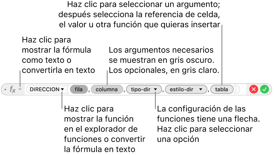 El editor de fórmulas con la función DIRECCIÓN y sus identificadores de argumentos.