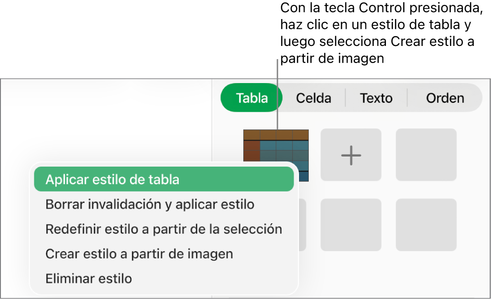 El menú de funciones rápidas de estilo de tabla.