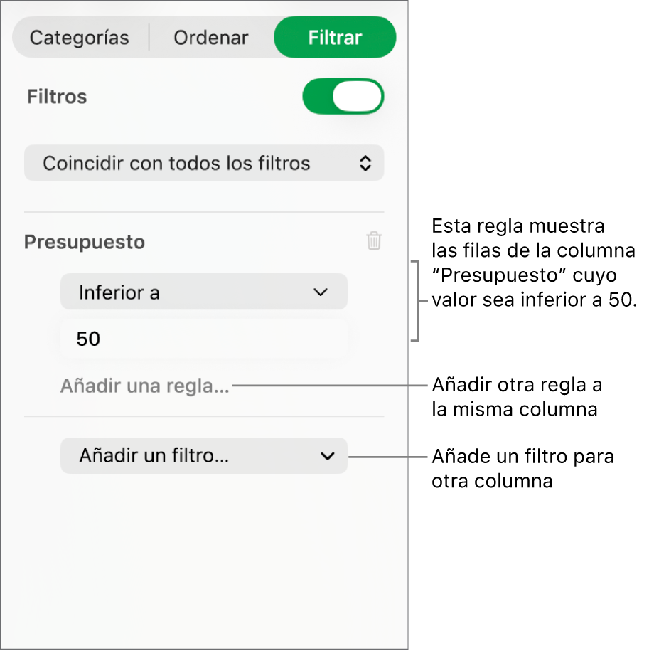 Controles para crear reglas de filtro.