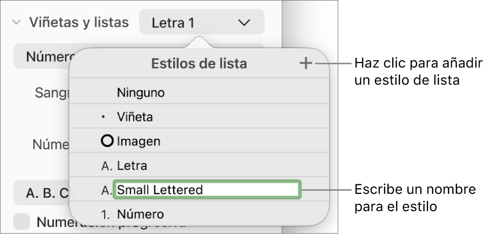 El menú desplegable “Estilos de lista” con el botón Añadir en la esquina superior derecha y un marcador de posición de nombre de estilo con su texto seleccionado.