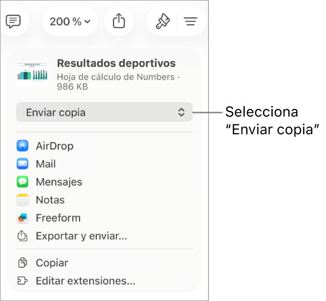 El menú Compartir con la opción “Enviar copia” seleccionada en la parte superior.