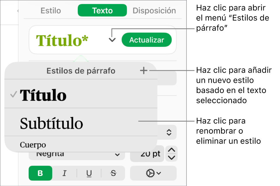 El menú “Estilos de párrafo”, con los controles para añadir o cambiar un estilo.