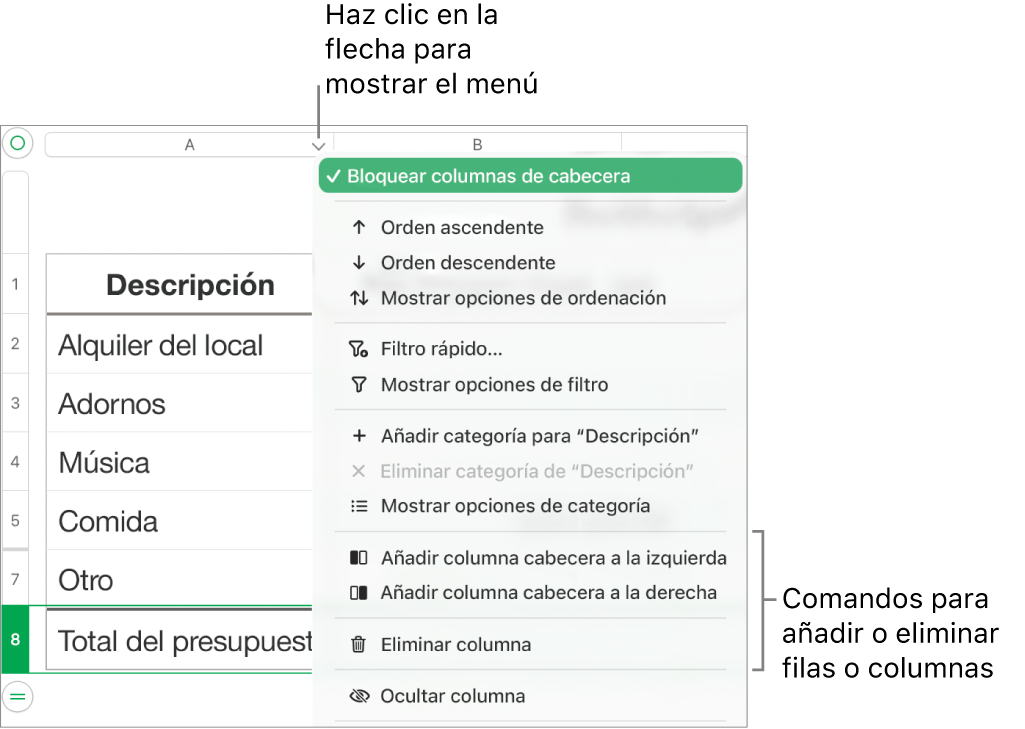 El menú de columna de tabla con comandos para añadir o eliminar filas y columnas.