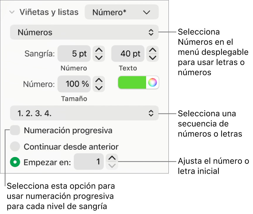 Controles para cambiar el estilo de numeración y el espaciado de una lista.