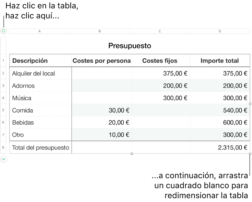 Una tabla seleccionada con cuadrados blancos para redimensionarla.