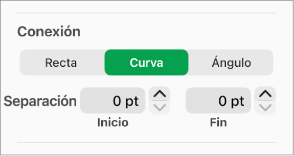 Controles de Conexión con la opción Curva seleccionada.