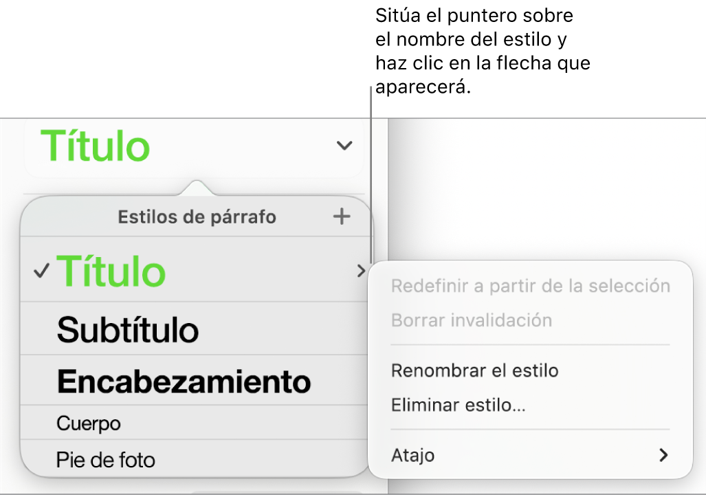 El menú “Estilos de párrafo” con el menú de función rápida abierto.