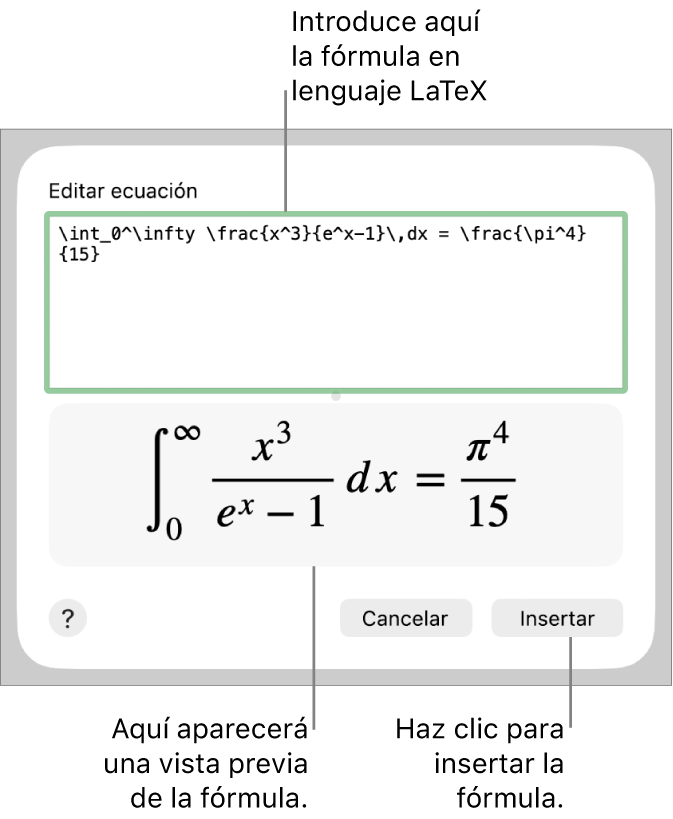 La fórmula cuadrática escrita con LaTeX en el campo de ecuación y la previsualización de la fórmula a continuación.