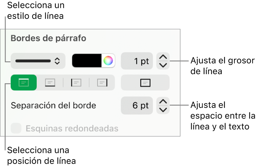 Controles para cambiar el estilo de línea, grosor, posición y color.