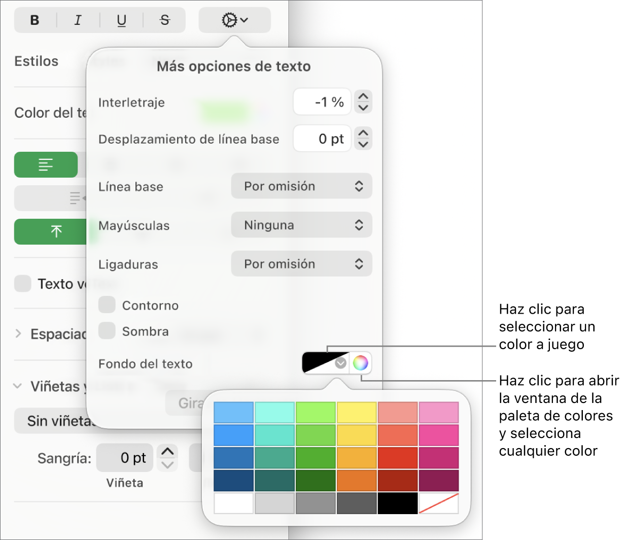 Controles para seleccionar un relleno de texto.