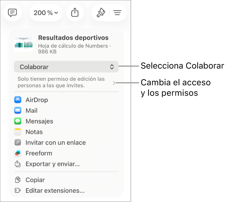 El menú Compartir con la opción Colaborar seleccionada en la parte superior y los ajustes de acceso y permisos debajo.
