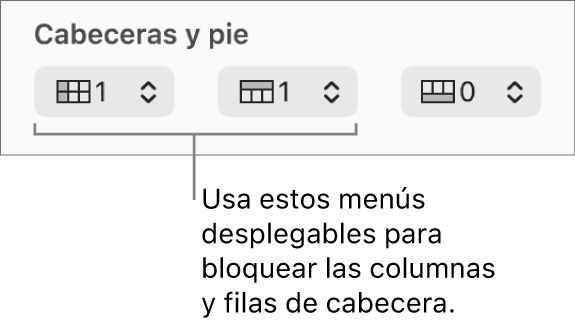 Menús desplegables para añadir columnas y filas de cabecera y pie de página a una tabla y para congelar columnas y filas de cabecera.