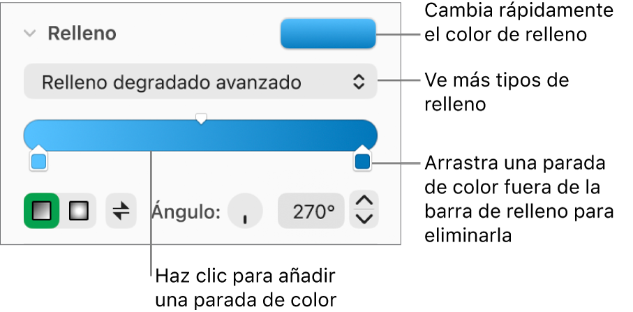 Controles para rellenar objetos con colores.