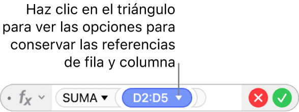 El editor de fórmulas con un triángulo en el que haces clic para abrir las opciones para conservar las referencias de fila y columna.