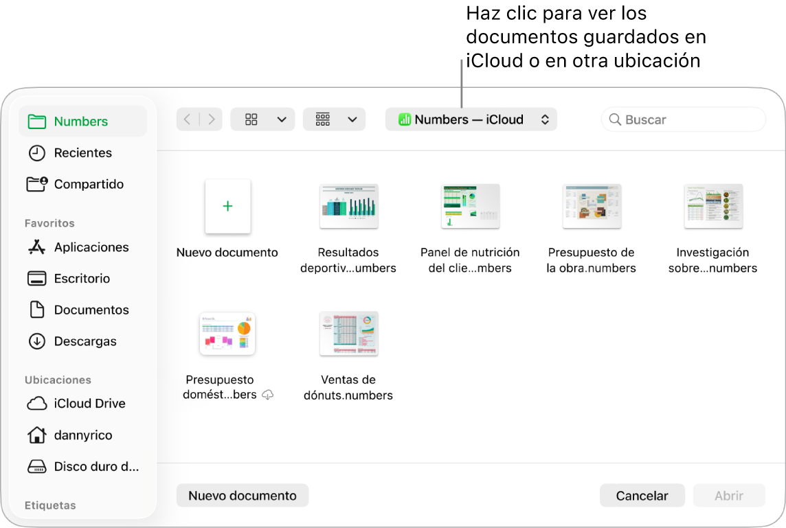 El cuadro de diálogo Abrir con la barra lateral abierta a la izquierda y iCloud Drive seleccionado en el menú desplegable en la parte superior. En el cuadro de diálogo aparecen carpetas para Keynote, Numbers y Pages, junto con un botón “Nuevo documento”.
