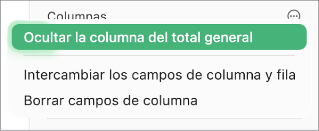 El menú Más opciones de campo, que muestra los controles para ocultar totales generales, intercambiar campos de columna y fila y borrar campos.