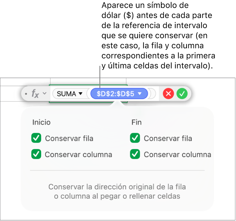 Fórmula mostrando las referencias de fila y columna conservadas.
