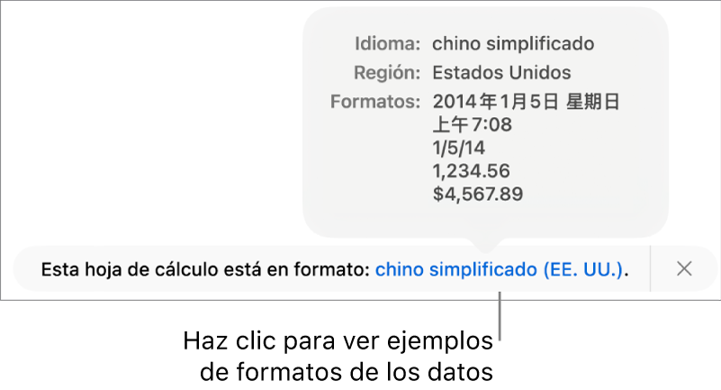 La notificación del ajuste de idioma y formato distinto, con ejemplos del formato en ese idioma y región.