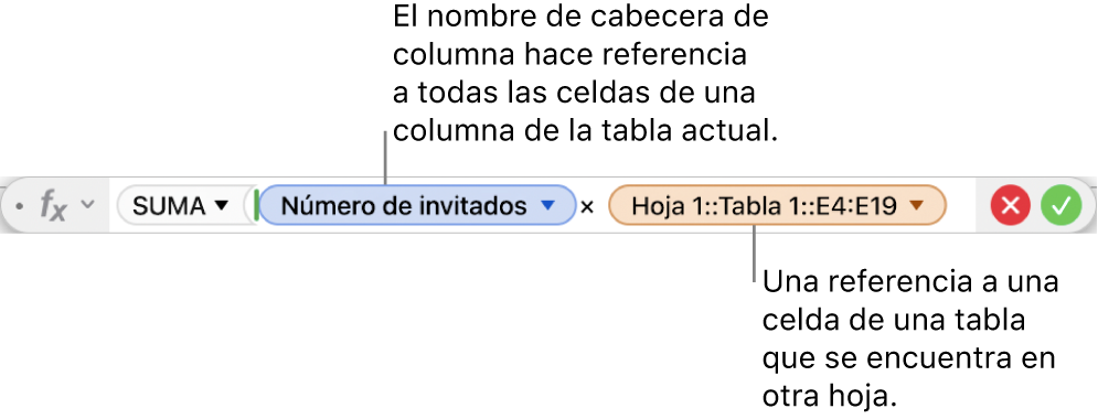 El editor de fórmulas con una fórmula que hace referencia a una columna de una tabla y una celda de otra tabla.