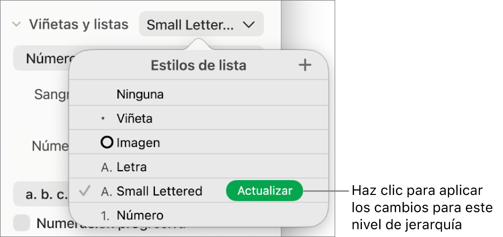 El menú desplegable “Estilos de lista” con el botón Actualizar junto al nombre del nuevo estilo.