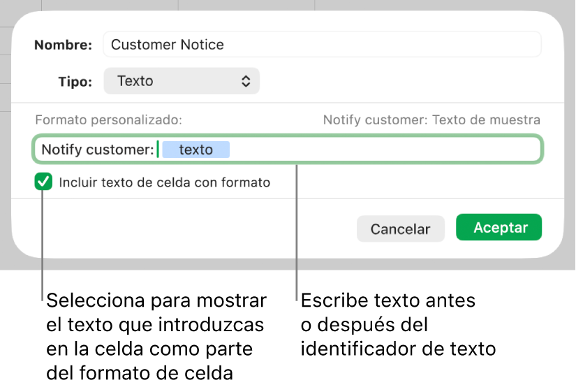 Formato de celda de texto personalizada.