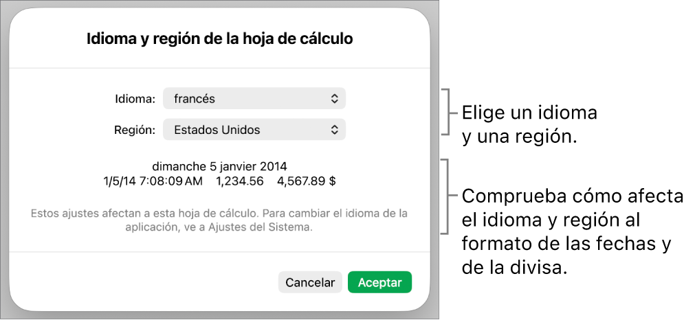 Panel “Idioma y región” con controles para el idioma y la región, y un ejemplo de formato que incluye la fecha, la hora, los decimales y la divisa.
