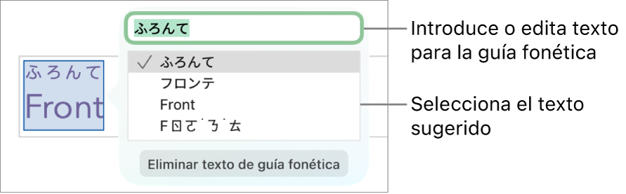Guía fonética abierta para una palabra, con llamadas al campo de texto y al texto sugerido.