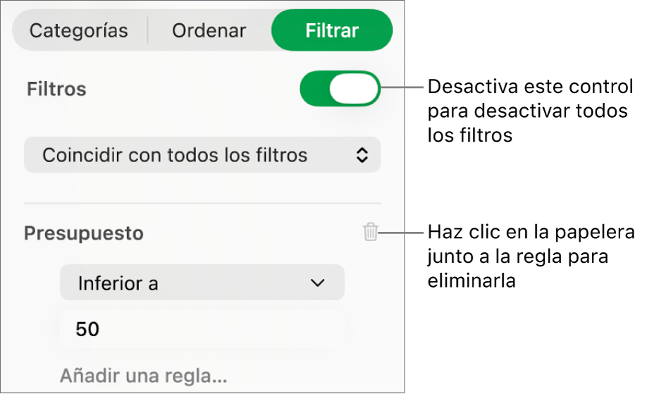 Controles para eliminar un filtro o desactivar todos los filtros.