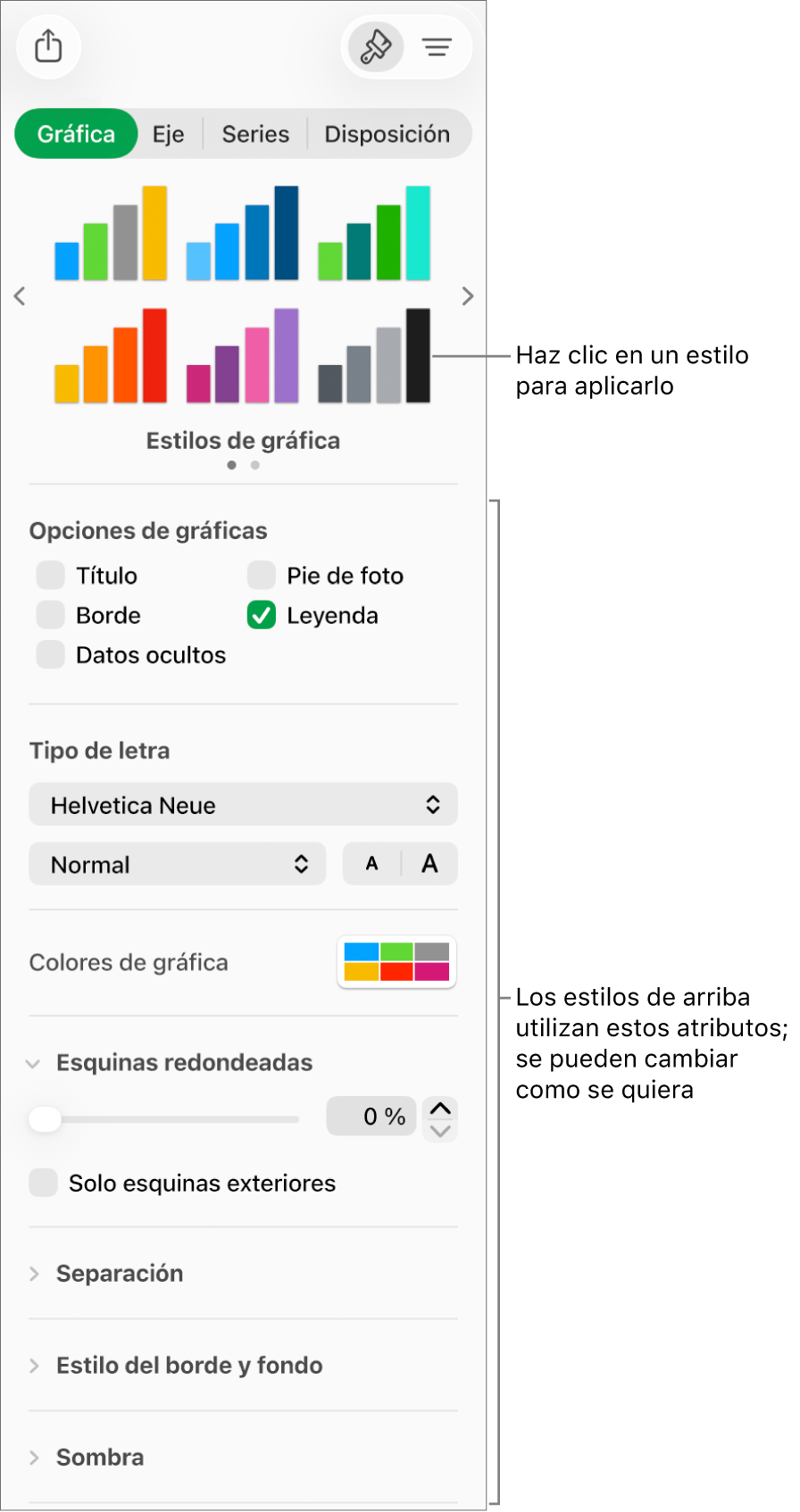 La barra lateral Formato que muestra los controles para dar formato a gráficas.