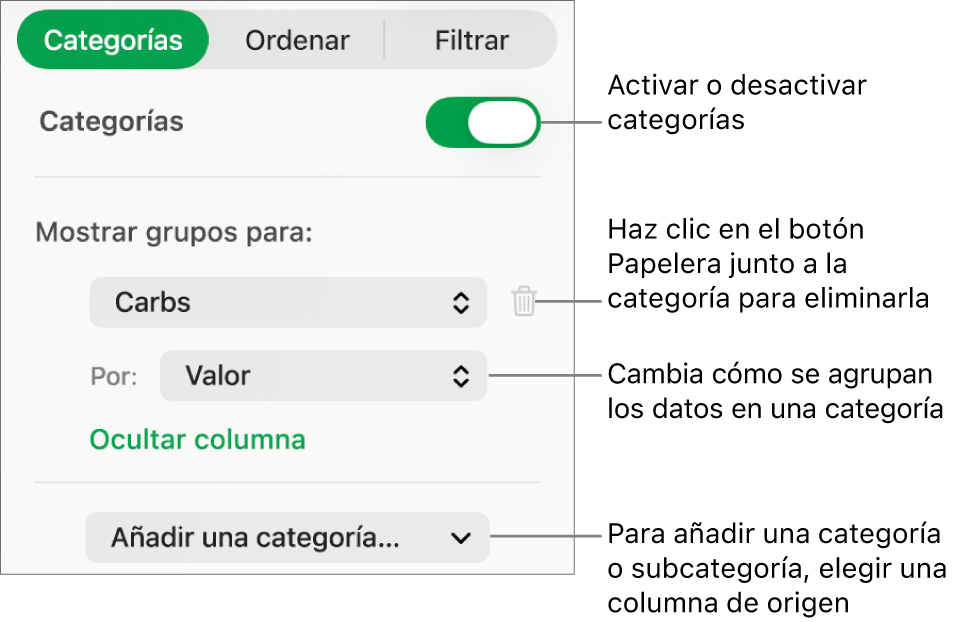 La barra lateral de categorías con opciones para desactivar categorías, eliminar categorías, reagrupar datos, ocultar una columna de origen y añadir categorías.