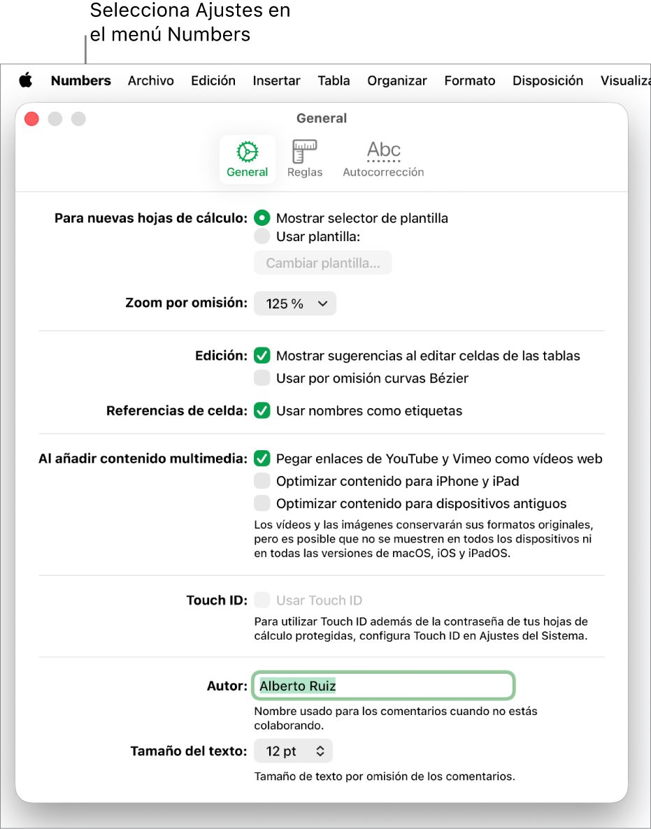 La ventana de ajustes de Numbers abierta en el panel General, con los ajustes para las nuevas hojas de cálculo, el zoom por omisión, la edición, las referencias a celdas, las ecuaciones, la adición de contenido multimedia, Touch ID, el nombre de autor y el tamaño de texto por omisión.
