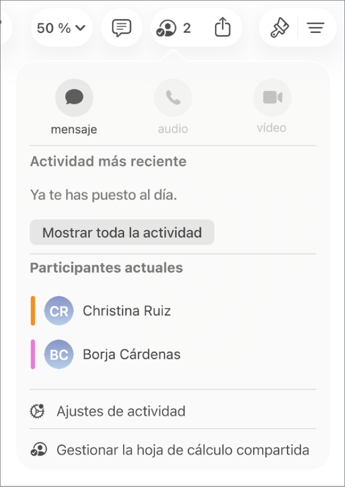 El menú de colaboración con los nombres de las personas que colaboran en la hoja de cálculo.