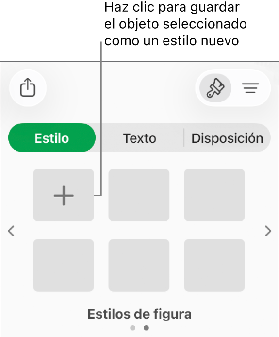 La ficha Estilo de la barra lateral Formato con cuatro estilos de imagen, el botón “Crear estilo” y un marcador de posición de estilo vacío.