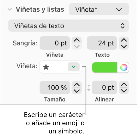 La sección de viñetas y listas de la barra lateral Formato. El campo Viñeta muestra un emoji de una estrella.