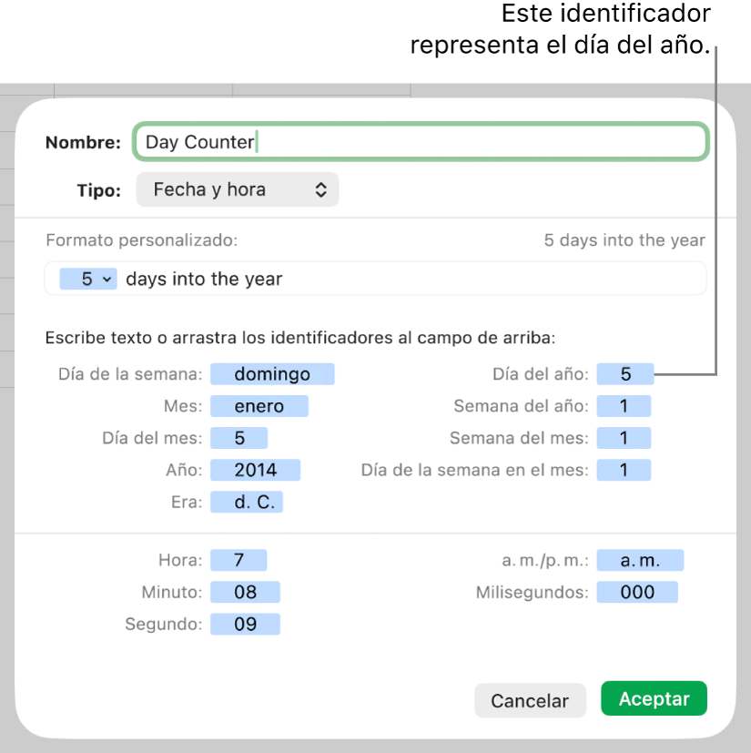 Formato de fecha y hora personalizado.