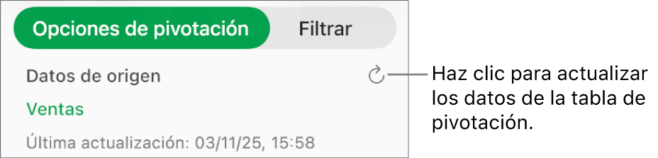 La pestaña Opciones de pivotación mostrando la opción de actualizar la tabla de pivotación.