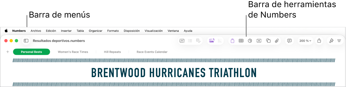 La barra de menús situada en la parte superior de la pantalla con los menús Apple, Numbers, Archivo, Edición, Insertar, Tabla, Organizar, Formato, Disposición, Visualización, Ventana y Ayuda. Debajo de la barra de menús hay una hoja de cálculo de Numbers abierta con los botones de la barra de herramientas.