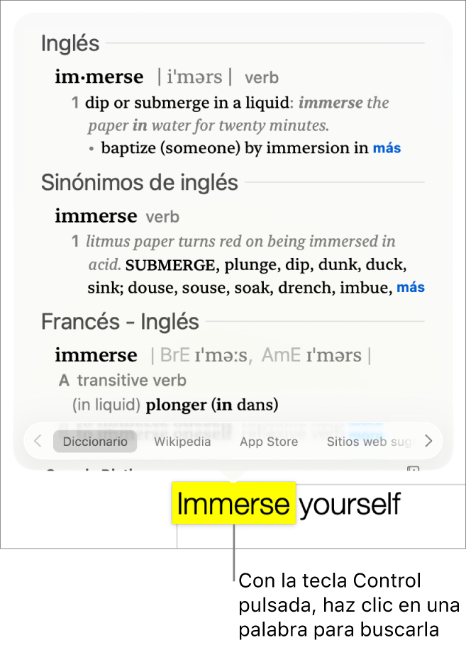 Texto con una palabra resaltada y una ventana en la que se muestra tu definición y una entrada en el diccionario de sinónimos. Tres botones en la parte inferior de la ventana proporcionan enlaces al diccionario, Wikipedia y los sitios web sugeridos por Siri.