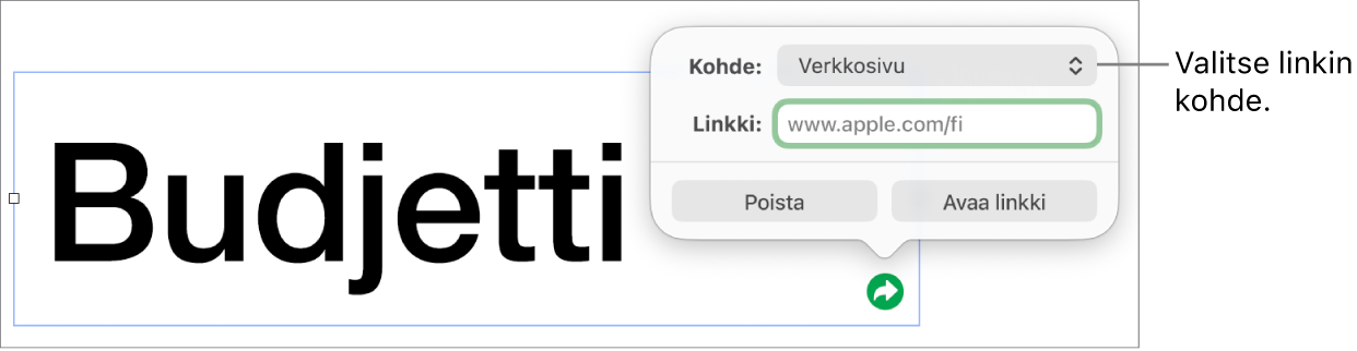 Linkin muokkausikkunan säätimet, joissa on valittuna Verkkosivu ja alhaalla ovat painikkeet Poista ja Avaa linkki.