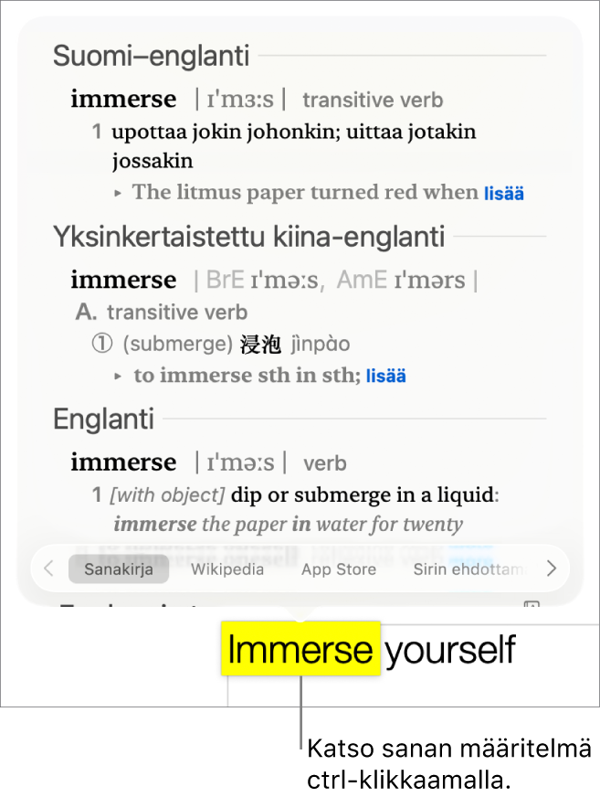 Teksti, jossa on korostettu sana, ja ikkuna, jossa näkyvät sanan määritelmä ja tesaurusmerkintä. Ikkunan alareunassa olevat kolme painiketta tarjoavat linkit sanakirjaan, Wikipediaan ja Sirin ehdottamiin verkkosivustoihin.