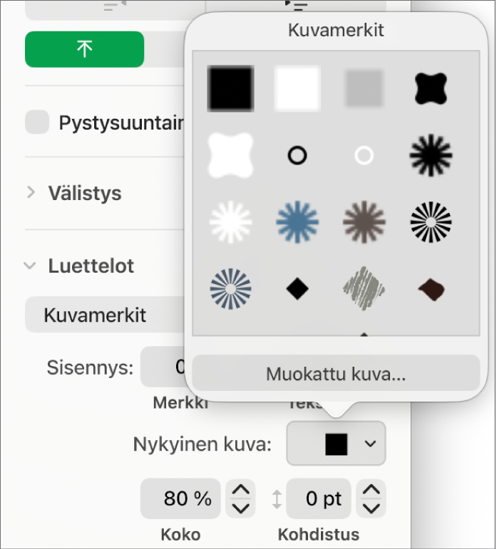 Kuvamerkit-ponnahdusvalikko.