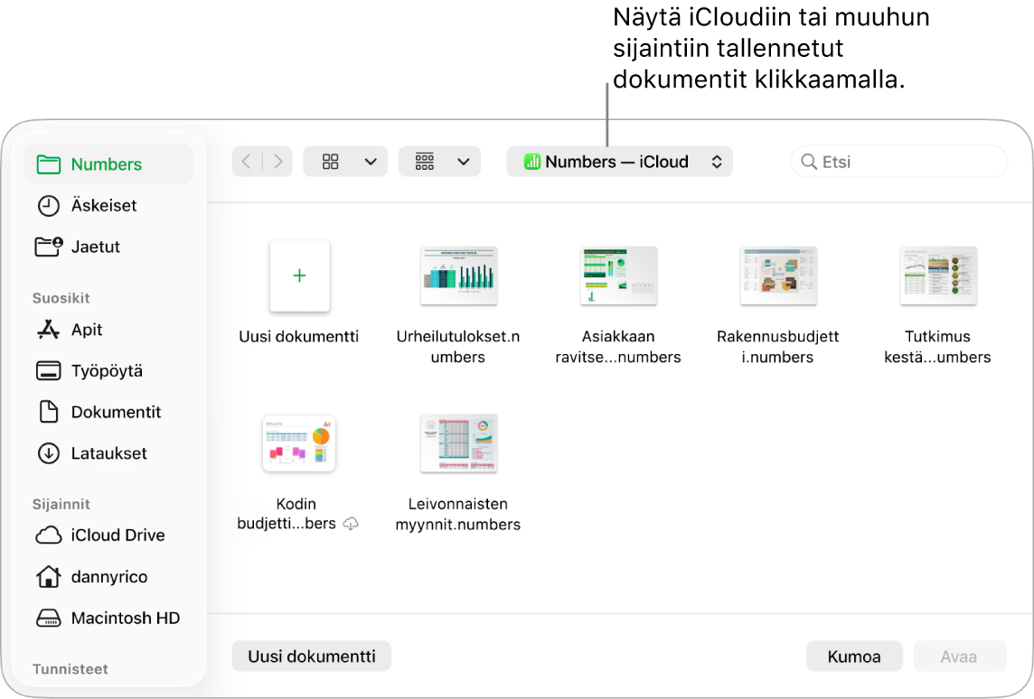 Avaa-valintaikkuna, jossa on sivupalkki avattuna vasemmalla ja iCloud Drive valittuna ponnahdusvalikossa ylhäällä. Valintaikkunassa näkyvät Keynote-, Numbers- ja Pages-kansiot sekä Uusi dokumentti ‑painike.