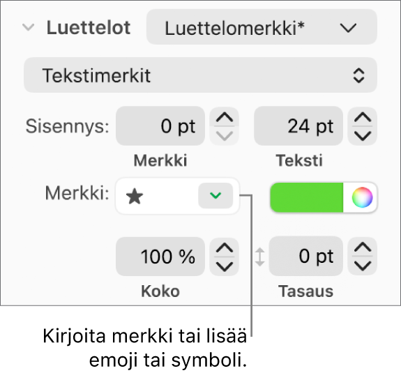 Muoto-sivupalkin Luettelot-osio. Luettelomerkki-kenttä, jossa näkyy tähtiemoji.