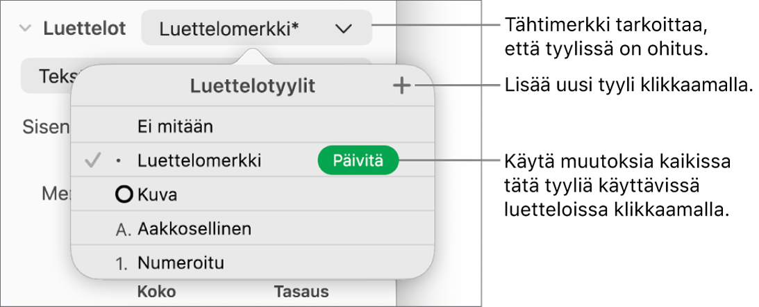 Luettelotyylit-ponnahdusvalikko, jossa on ohitusta merkitsevä tähti ja Uusi tyyli -painikkeen selitteitä, ja vaihtoehtojen alavalikko tyylien hallintaa varten.