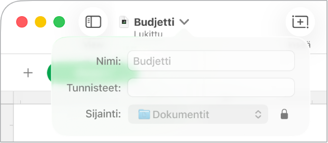 Ponnahdusvalikko laskentataulukon lukitsemista tai avaamista varten.