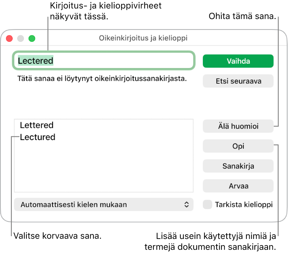 Oikeinkirjoitus ja kielioppi -ikkuna.