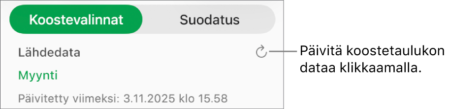 Koostevalinnat-välilehdellä näkyy valinta, jolla koostetaulukko päivitetään.