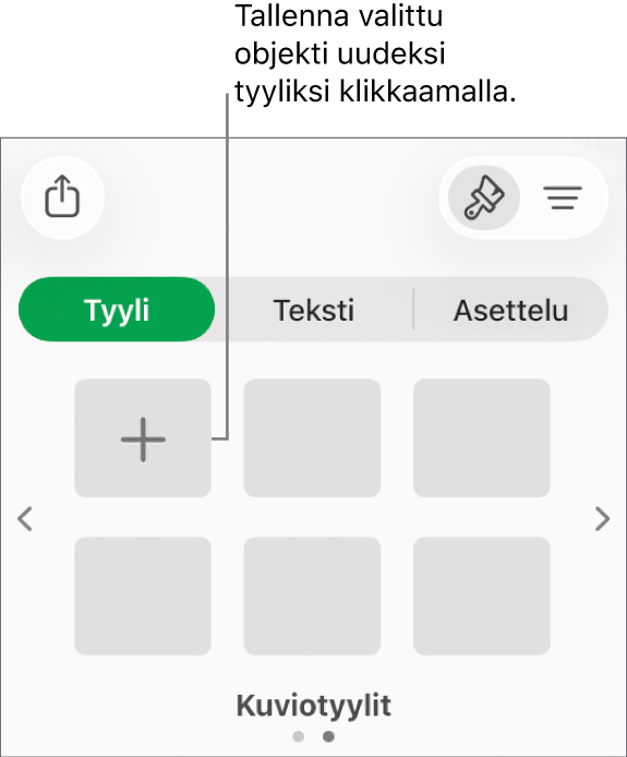 Muoto-sivupalkin Tyyli-välilehti, jossa on neljä kuvatyyliä, Luo tyyli -painike ja tyhjä tyylin paikanvaraaja.