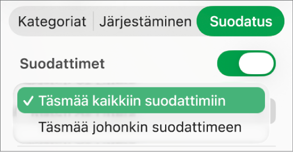 Ponnahdusvalikko, jonka avulla voi valita näytetäänkö rivit, jotka täyttävät kaikkien tai jonkin suodattimen ehdot.