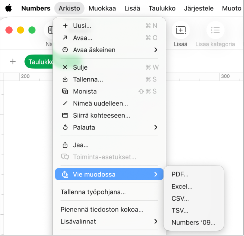Avattu Arkisto-valikko, jossa on Vie muodossa ‑vaihtoehto valittuna ja jonka alavalikossa näkyvät PDF-, Excel- ja CSV-vientivalinnat.